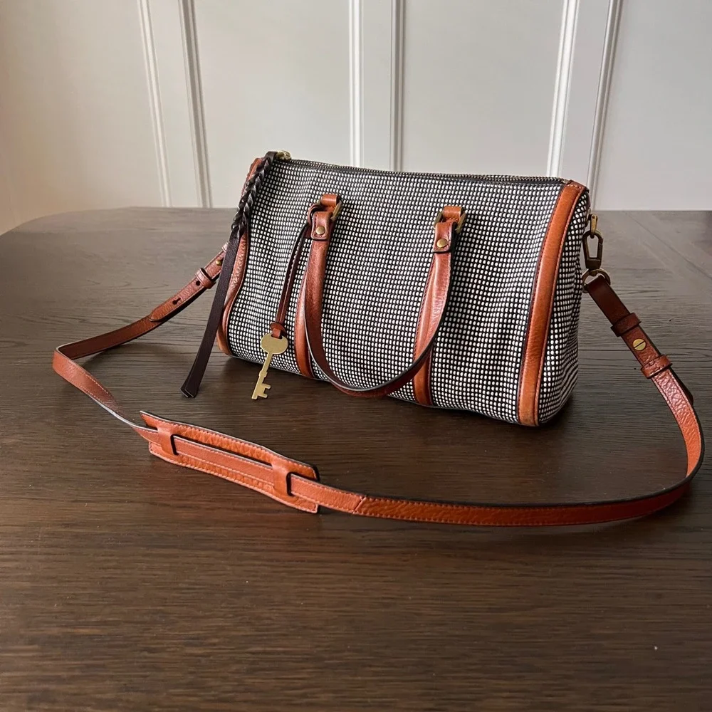 Fossil Rachel Satchel Black White Woven Dotted Leather Trim Crossbody Bag